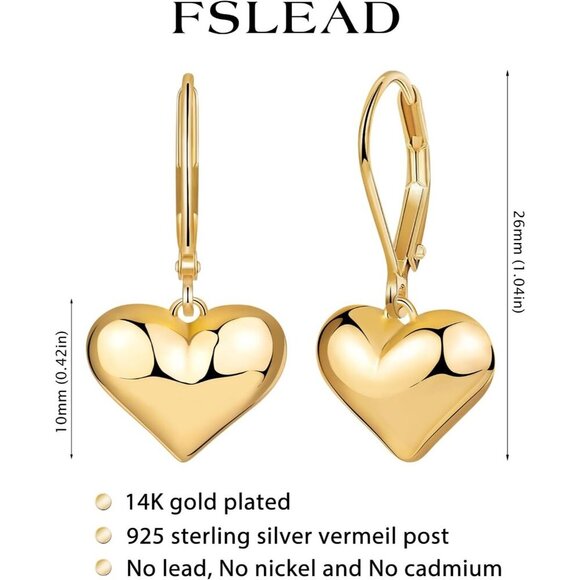 14K Gold-Puffed Heart Leverback Dangle Drop Hypoallergenic Earring for Women - Picture 6 of 7